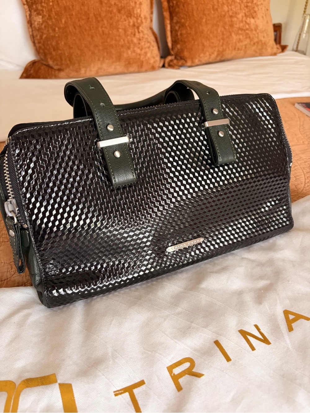 Trina Turk Black Satchel with Dark Green Trim